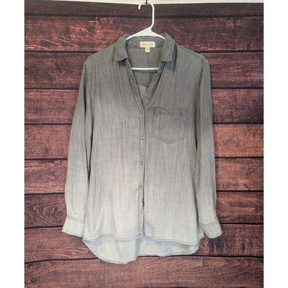 Cloth & Stone button up hombre grey beige blouse v-neck with front pocket Small - Picture 1 of 6